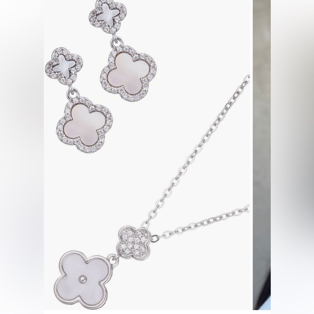 Two Piece Designer Adornia Chic Silver and White Mother Of Pearl Clover Earrings